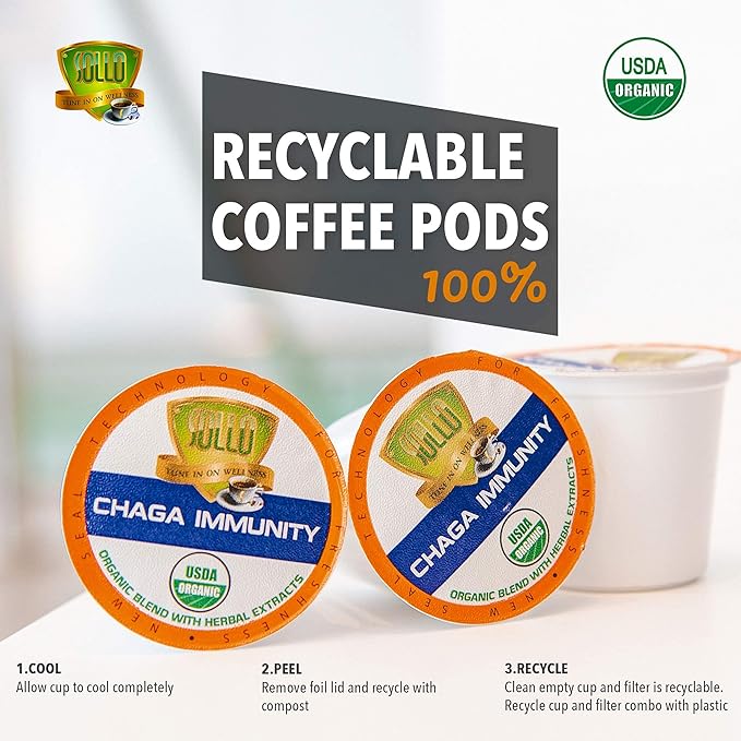 SOLLO Chaga Mushroom Infused Coffee Pods Boost Focus &amp Immunity Memory &amp Clarity Medium Roast Compatible With 2.0 K-Cup Keurig Brewers Organic by USDA No After Taste 24 Ct