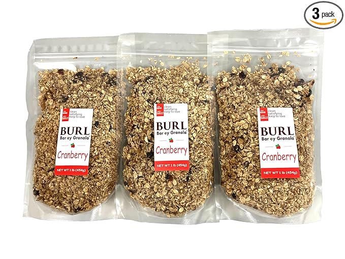 Burl Barley Granola Cranberry Granola 3 Pack of 1lb Bags Whole Grain Barley Cereal Granola with Dried Cranberries Made with Rolled Barley Grain Chewy No Artificial Flavors or Colors