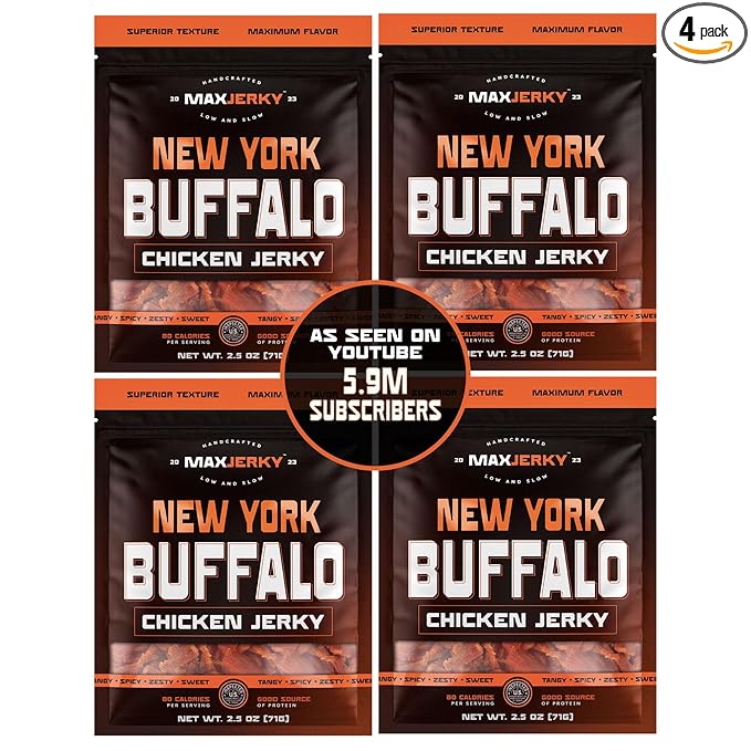 MaxJerky New York Buffalo Chicken Jerky 22.5 Grams of Protein 2.5 OZ (4 Pack)