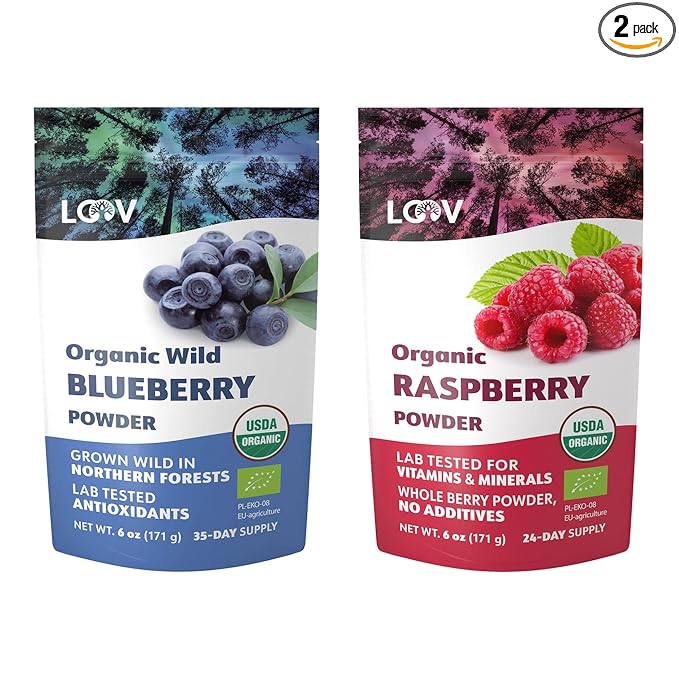 Bundle – 2 items: LOOV Organic Wild Blueberry Powder and Organic Raspberry Powder