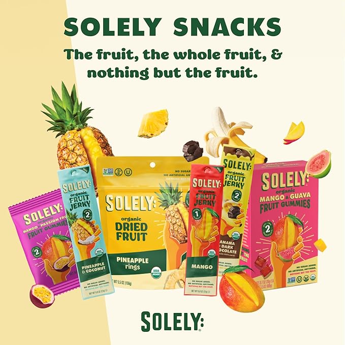 SOLELY - Organic Mango &amp Organic Pineapple Fruit Jerky (10 Mango 6 Pineapple) - Real Fresh Fruit Strips - Healthy Snacks for Adults &amp Kids - Non GMO Vegan Snacks Shelf Stable - 12 Strips (0