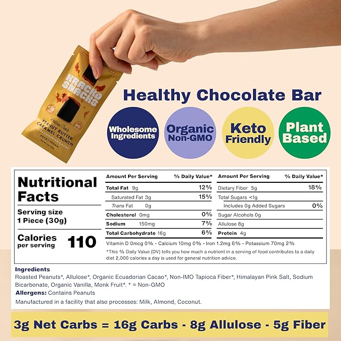 Krack’d Snacks Keto Chocolate Snack Bars 10 Pk | Handmade Low Carb Sugar Free Dark Chocolates with Peanut Butter Caramel Crunch Allulose | Vegan Non-GMO Gluten Free Chocolate Candy Bar