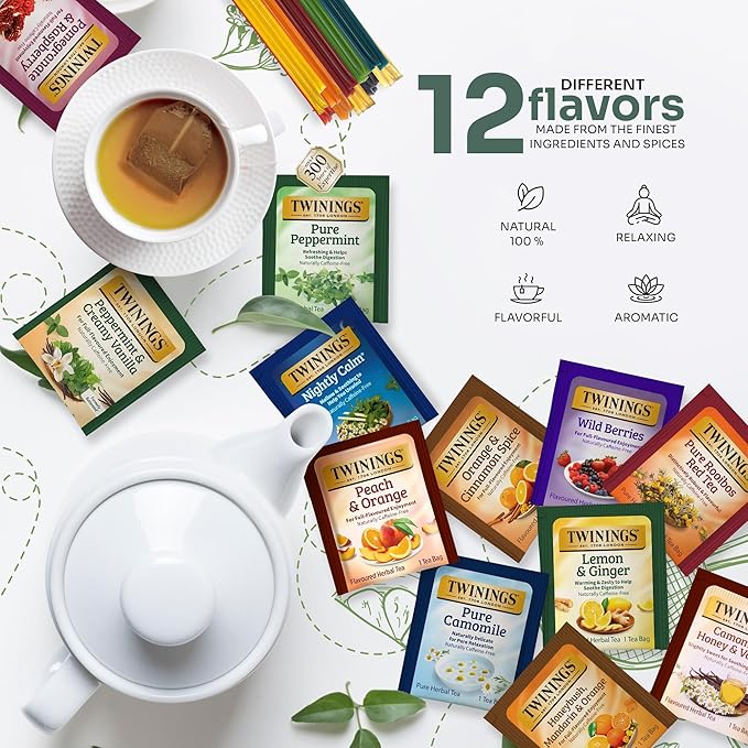 Twinings 48 Tea Bags Herbal Variety Pack – 12 Herbal Flavors with 20 Honey Sticks Perfect Tea Gift Set for Any Occasion