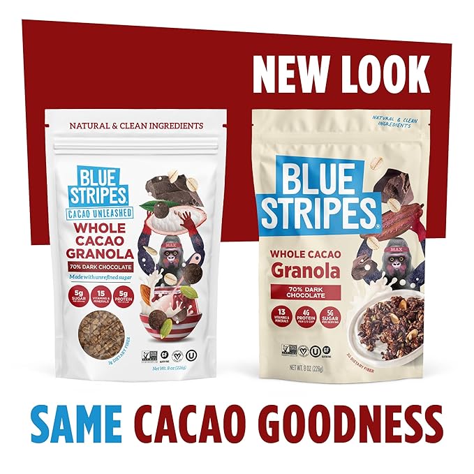 Blue Stripes Whole Cacao Granola - Gluten Free 70% Dark Chocolate Granola for Cereal Oatmeal Yogurt 5g Protein Per Serving Source of Fiber Vegan Low Sugar - Dark Chocolate 7 oz Bag (3 Pack)