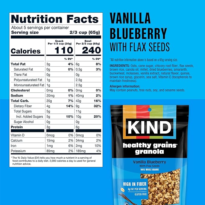 KIND Healthy Grains Vanilla Blueberry Granola with Flax Seeds Healthy Snacks Gluten Free 100% Whole Grains 5g Protein 11oz 6 Count