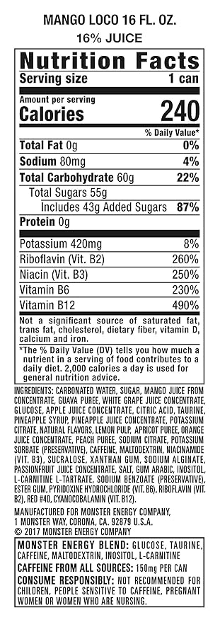 Monster Energy Juice Monster Mango Loco Energy Drink 16 Ounce | Energy + Juice Pack of 15