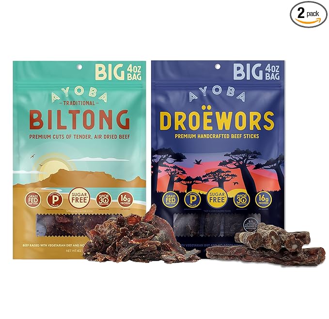 Ayoba Traditional Grass Fed Beef Duo Biltong and Droewors Slices Variety Pack (4 Ounce Pack of 2) - Authentic South African Protein Snacks - Keto-CertifiedPaleo-Certified Gluten Free and Sugar Fr