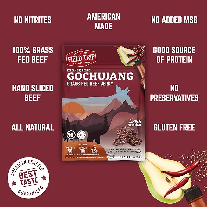 Field Trip Grass Fed Beef Jerky Healthy Gluten Free Snacks All Natural Paleo-Friendly Beef Jerky High Protein Low Carb Snack with No Nitrates 1oz Bag 12 Pack Gochujang Korean BBQ