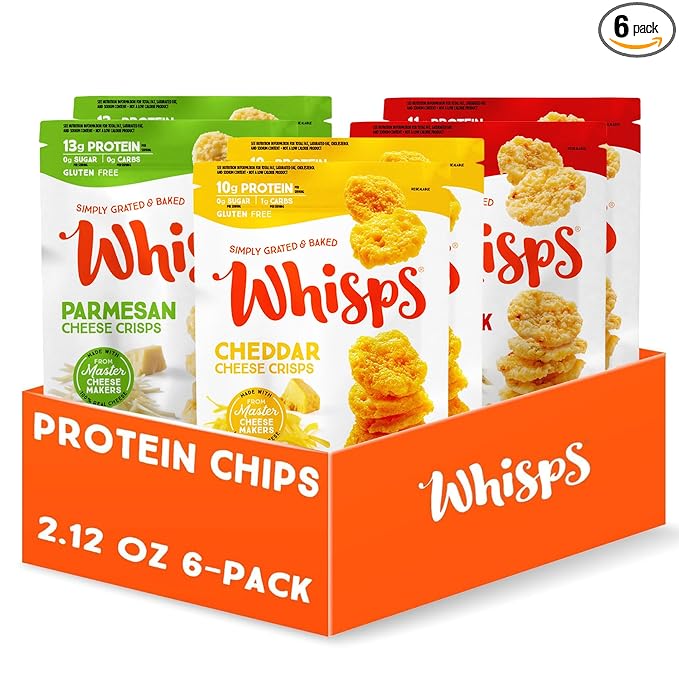 Whisps Cheese Crisps Variety Pack | Protein Chips | Healthy Snacks | Protein Snacks Gluten Free High Protein Low Carb Keto Food | Parmesan Cheddar Cheese Asiago Pepper Jack (2.12 Oz 6 Pack)
