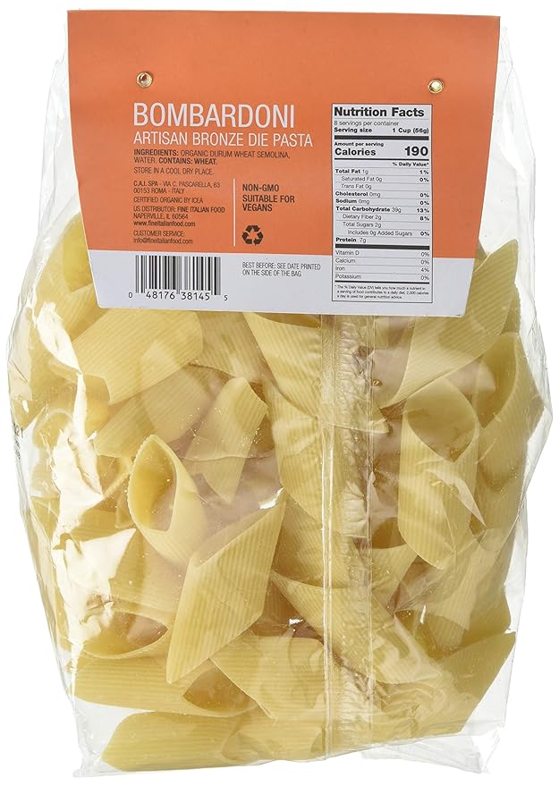 Compagnia Sanremo Pasta Italian Organic Bombardoni Pasta - 100% Durum Semolina Organic Bombardoni - 16 Oz (Pack Of 12) - Product Of Italy