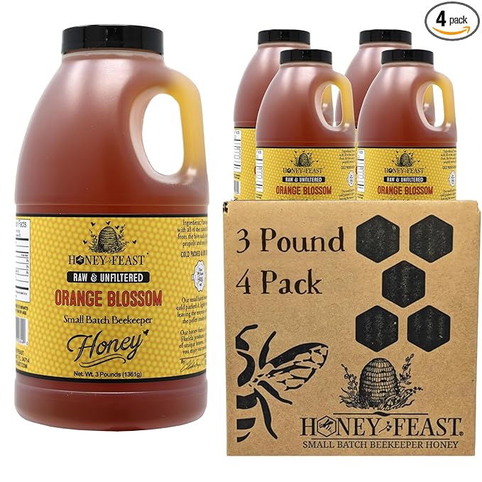 HONEY FEAST Raw Orange Blossom Honey 3 Pounds (Pack of 4) Unfiltered &amp Pure – Fresh Florida Superfood from American Organic Floral Sources