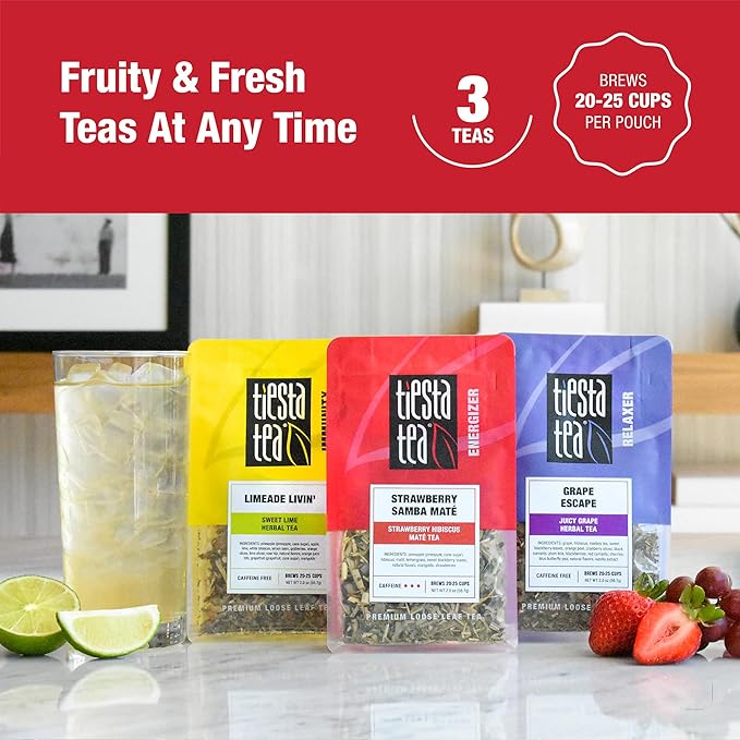 Tiesta Tea - Fresh N' Fruity Trio Loose Leaf 3 Fruit-Filled Blends High to Non-Caffeinated Make Hot or Iced 6 oz Resealable Pouches with Strawberry Grape &amp Sweet Lime