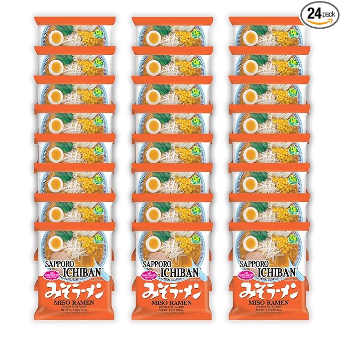 [SAPPORO ICHIBAN] Miso Flavor Ramen Noodles No. 1 Tasting Japanese Instant Noodles (3.5 Oz. x 24 pouches)