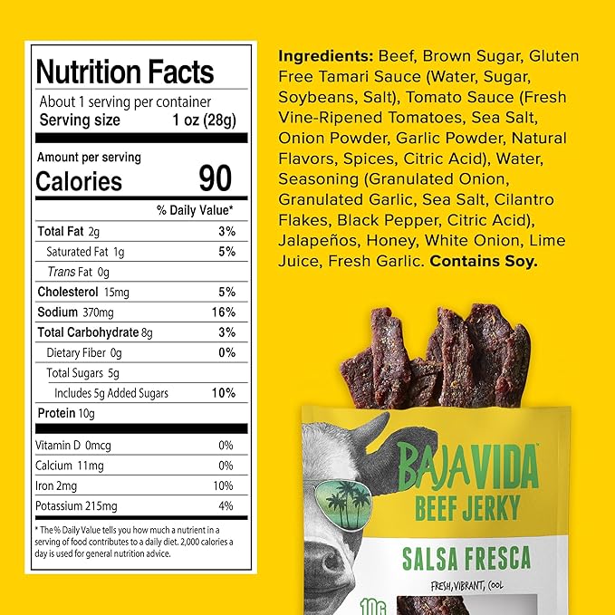 Baja Beef Jerky - 100% All Natural Beef Jerky Keto Jerky Gluten Free Low Calorie Craft Jerky 10g Protein per Serving No Nitrates or Added Hormones - Salsa Fresca 2.5 oz Bag (Pack of 4)