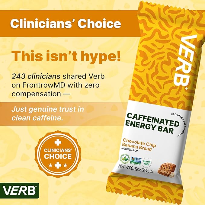 Verb Caffeinated Energy Bars Chocolate Chip Banana Bread (26g Pack of 16) 110-Calorie Delicious Energy Bar Gluten Free On-the Go Snack with 80mg Green Tea Caffeine Only Real-Food Ingredients