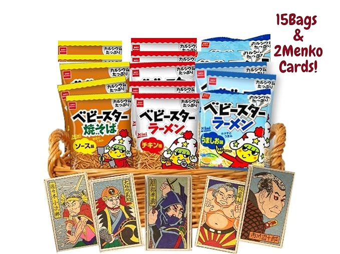 Beatcraft™ Baby Star Ramen Fried Noodle Snack + Japanese Toy Happy Set (15 Packs 3 Flavor Mix: Chicken Yakisoba Sauce Light Salt Jumbo Size)