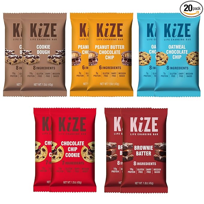 KiZE Energy Bars - Chocolate Lovers Variety Pack - 20-Count - Gluten Free Dairy Free Options Non-GMO and High Protein Meal Replacement Energy Bars Clean and Simple Food Ingredients - 7-10g High Pr
