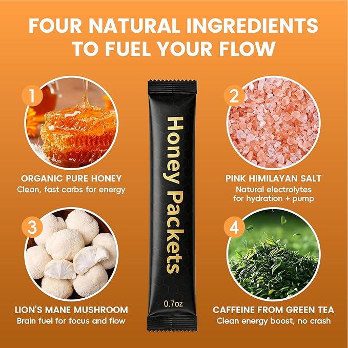 Nutrition Honey Packets Organic Honey Energy Packets with Green Tea Caffeine Himalayan Salt and Lion's Mane Mushroom Workout Gels for Exercise Running &amp Hiking 20 Pack