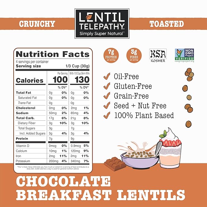 Lentil Telepathy Breakfast &amp Snack Variety Pack - Healthy Snacks for Adults and Kids Alternative Granola or Cereal Breakfast Low Calorie Dairy-Free Oil-Free - 1 Ounce Bags (Chocolate Pack of 1