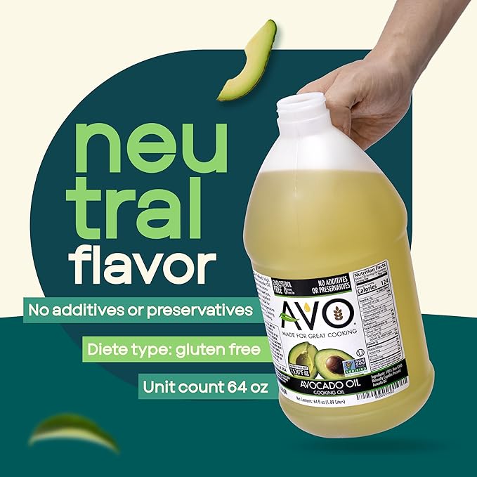 AVO Bulk Avocado Oil for Cooking Half Gallon (64 fl oz) Non-GMO Certified No Preservatives High Smoke Point 500°F Neutral Flavor Gluten-Free Plant-Based OU Kosher