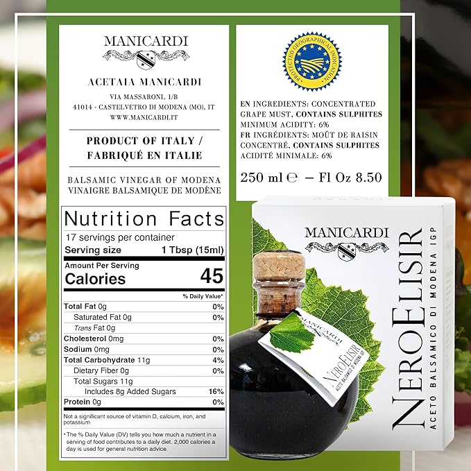 MANICARDI Dense Traditional Balsamic Vinegar of Modena PGI - Extra Thick Italian Black Elisir Perfect for Snacks Pasta Vegetables Salad Dressings Meat - Made in Italy 8.45 Fl Oz (250 ml)