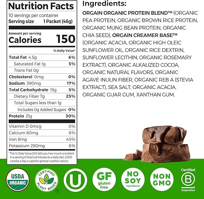 Orgain Organic Vegan Protein Powder Creamy Chocolate Fudge - 21g Plant Protein 6g Prebiotic Fiber Low Carb No Lactose Ingredients No Added Sugar Non-GMO 10 Single Serve Individual Packets