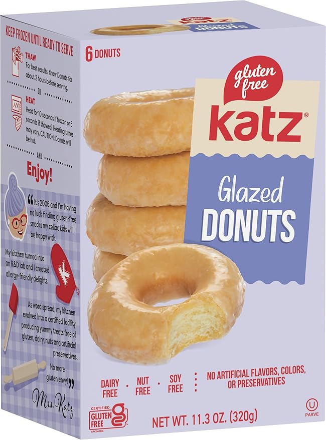 Katz Gluten Free 8pk. 2 Flavors Crème Cakes 2 Flavors Crème Cupcakes 4 Flavors Donuts. Free of Gluten Dairy Tree Nuts Peanuts Sesame and Soy. Kosher.