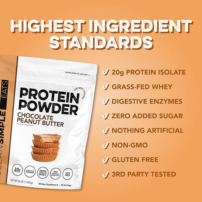 Clean Simple Eats Whey Protein Powder Chocolate Peanut Butter Flavor Naturally Sweetened 100% Grass Fed Protein Powder with Digestive Enzymes &amp No Artificial Ingredients Gluten Free 30 Serving