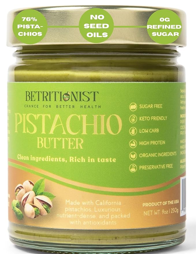 Betritionist 76% Pistachios CreamNaturally Sweet 0 calorie sugar Clean energy boost9ozMade with MCT oil Dairy Free Vegangood for gut health SpreadPerfect for Bakery Desserts Coffee Smoothi