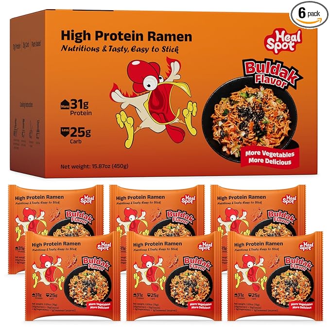 Healspot High Protein Spicy Buldak Noodles Dry Tossed Ramen 30g Plant-Based Protein Low Fat Low Carb Non GMO Keto Friendly &amp Plant Based (6 packs)