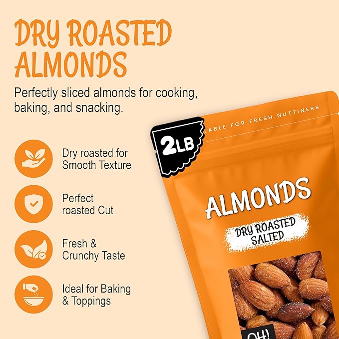 Oh! Nuts Almonds - Dry Roasted Salted Almonds - 2 lb - Salted Bulk in NY Zip-Seal Bag