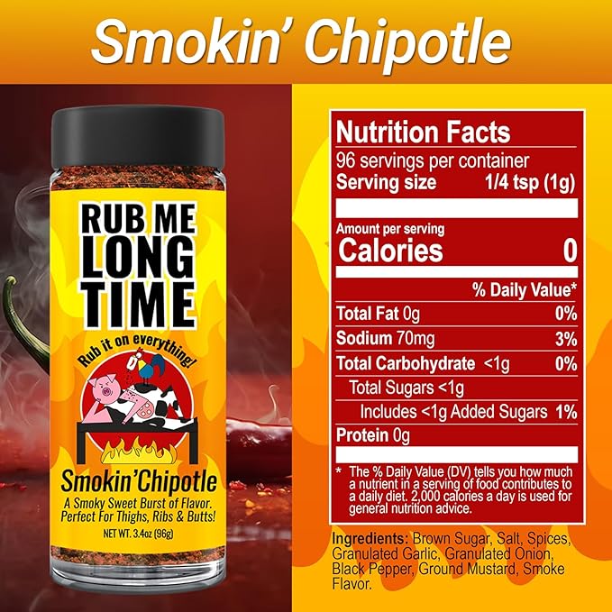 RUB ME LONG TIME (96g)| Sweet Salty &amp Spicy BBQ Rub | Original Smokin' Chipotle Extra Spicy | Perfect for Chicken Pork &amp Seafood