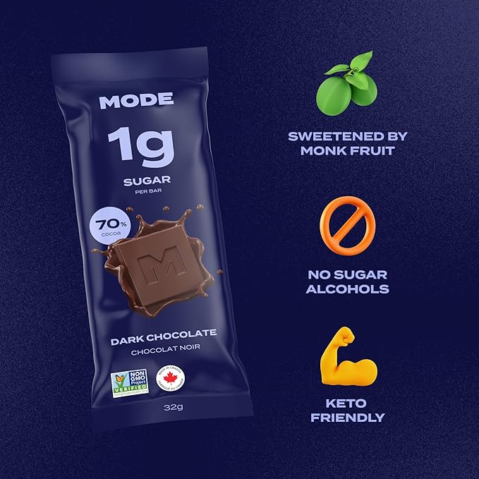 Mode Dark Chocolate Bar - Low Sugar 70% Cocoa 1g Sugar per Bar Naturally Sweetened with Monk Fruit No Added Sugar No Sugar Alcohols Keto Friendly Gluten Free Non-GMO - 10 Pack