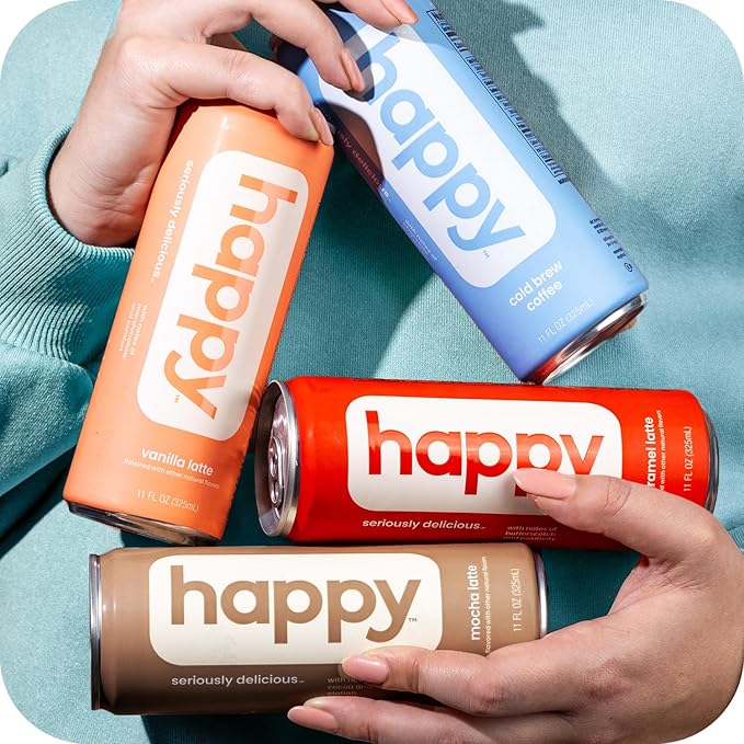 happy coffee canned caramel latte 11 oz. cans 12 pack notes of marshmallow &amp comfort 100% arabica beans no artificial flavors or sweeteners