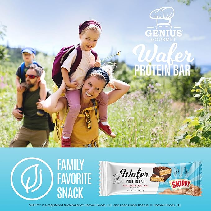 Genius Gourmet SKIPPY® Peanut Butter Chocolate Flavored Wafer Protein Bars15g Protein per serving (30% DV) 1g Sugar Chocolatey Snack Bar – 10 Count