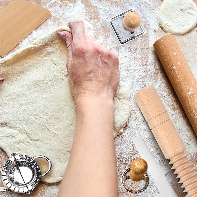 11 Pcs Pasta Making Tools Kit - Includes Wooden Gnocchi Board with Ravioli Stamp Cutter Threaded Rolling Pin Dumpling and Pasta Maker - Gift for Homemade kitchen Baking Lovers