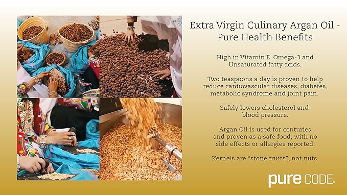 PURECODE Extra Virgin Culinary Argan Oil Cold Pressed - Edible Oil for Every Day Use - Organically Grown Harvested and Produced in Morocco - Natural Argan Oil - Moroccan Cooking (250mL)