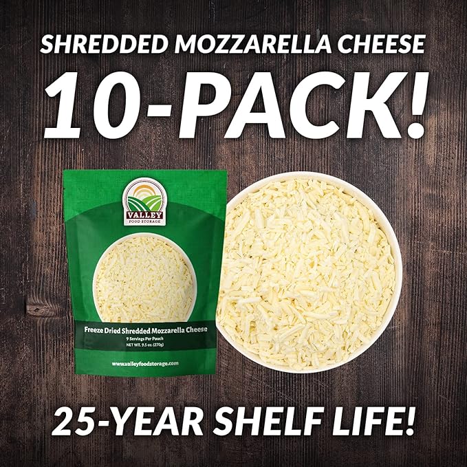 Freeze Dried Shredded Mozzarella Cheese 10-Bag Bucket 95 Oz | Premium Emergency Food Supply 25 Year Shelf Life | Non-GMO Prepper Supplies Survival Food Off Grid Living Supplies | Valley Food Storage