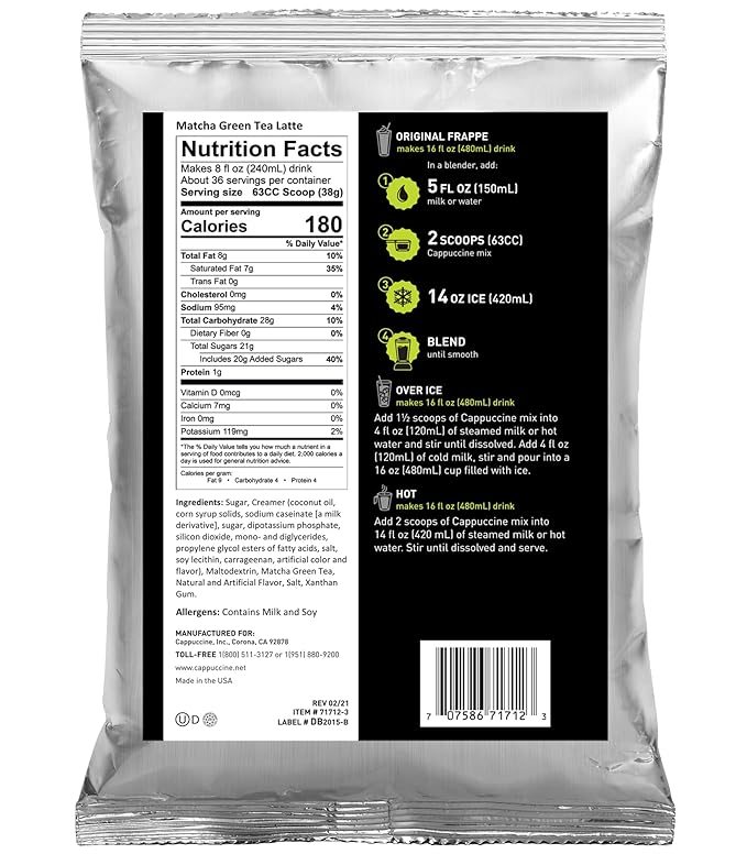 Cappuccine Matcha Green Tea Latte Frappe Mix 3 Pounds Makes 36 Servings