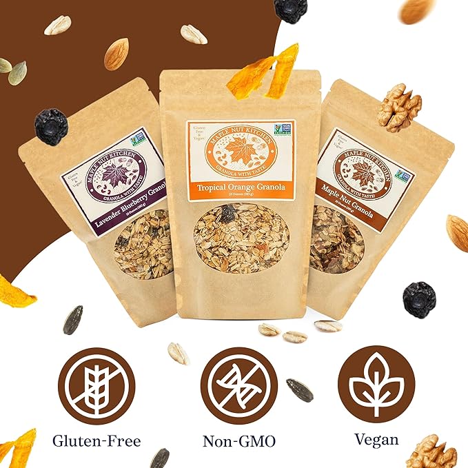 Maple Nut Kitchen Artisanal Variety Pack Granola Bites - Lavender Blueberry Tropical Orange Maple Nut Granola | 10 oz Each | Gluten-Free Vegan Delicious Breakfast Treats | 3-Pack