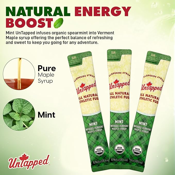 UnTapped Mint Maple Syrup Energy Gels 20 Gels | Organic Pure Vermont Maple Syrup with Real Mint | Gluten-Free Low Glycemic | Natural Fuel for Running Cycling &amp Endurance