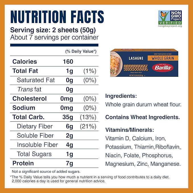 Barilla Whole Grain Wavy Lasagne Pasta 13.25 oz. Box (Pack of 12) - Non-GMO Made With 100% Whole Grain Durum Wheat - Great Source of Fiber