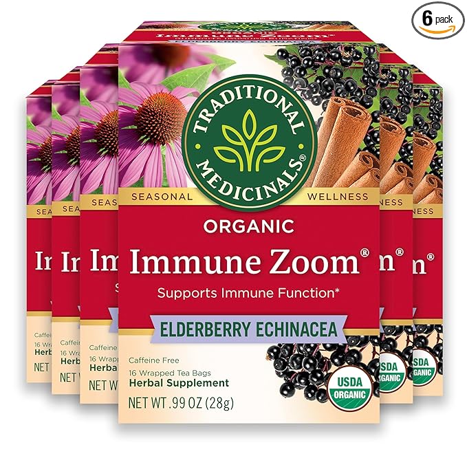 Traditional Medicinals Tea Organic Immune Zoom Elderberry Echinacea - Supports Immune Function - Kosher Non-GMO Caffeine-Free Compostable - 48 Tea Bags