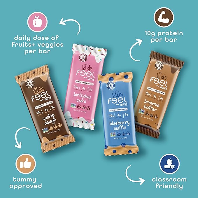 FEEL Kids Protein Bars Minis | Variety Pack | 10g Plant Protein | 100 Calories | No Added Sugar | Daily Veggies | Gluten Free No Nuts No Soy No Dairy No Grains (Pack of 12)