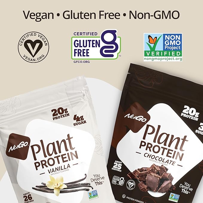 NuGo Dark Chocolate Pretzel w/SS 12g Vegan Protein Gluten Free Kosher Pareve Non-GMO 12 Count and NuGo Plant Protein Powder Chocolate 20g Protein 3g Sugar 25 Servings