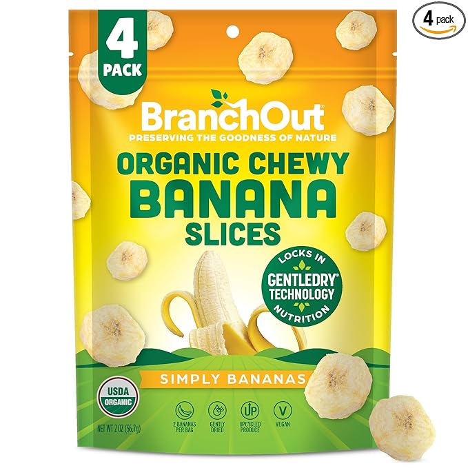 BranchOut Chewy Banana Slices No Sugar Added GentleDry Locks in Nutrition Better than Freeze Dried Banana Chips Healthy Vegan Snacks for Kids &amp Adults 2 oz Snack Size (Pack of 4)