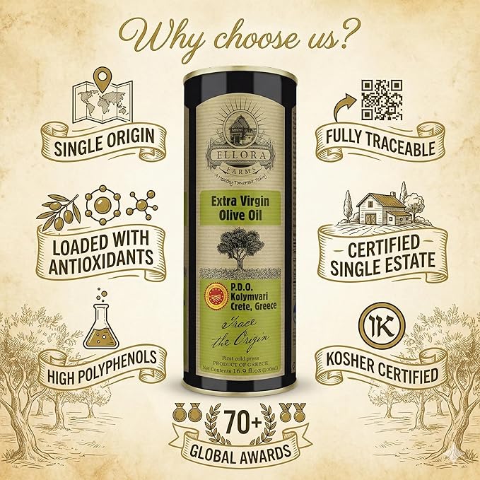 Ellora Farms Certified Extra Virgin Olive Oil Single Estate PDO Crete Traceable Greek EVOO Greece High in Phenols Kosher 16.9 Fl Oz Tin