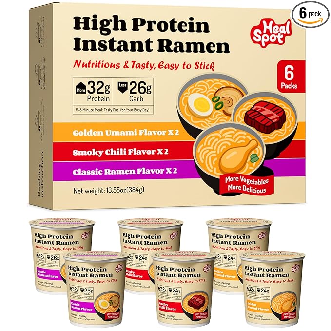 Healspot High Protein Instant Ramen Variety Pack (6 Cups) - 32g Plant-Based Protein Non-Fried Low Carb Low Fat Non-GMO Keto &amp Vegan Friendly (Golden-ChickenSmoky-BeefClassic-Pork)