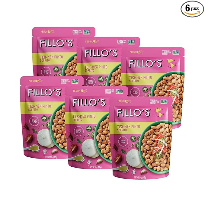 Fillo's Tex Mex Pinto Beans - Ready to Eat Beans Gluten-Free Preservative-Free Microwavable Non-GMO Vegan Friendly Plant Protein 10 oz Pk of 6