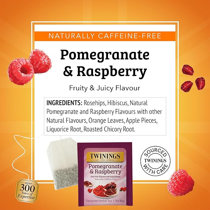 Twinings Pomegranate &amp Raspberry Herbal Tea Individually Wrapped Bags 100 Count (Pack of 1) Naturally Caffeine-Free Enjoy Hot or Iced 100 Teabags